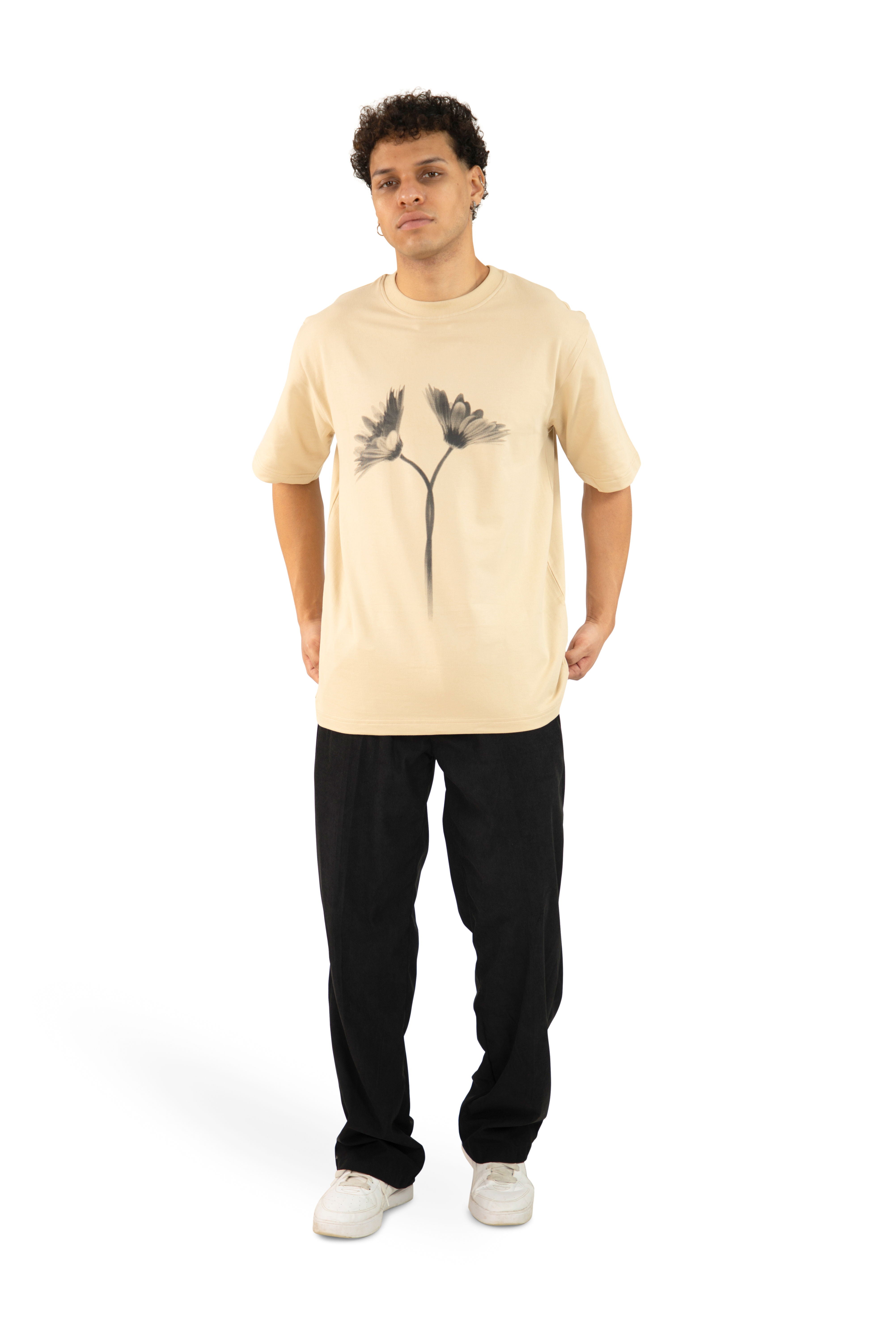 "Men's Daisy Printed Beige Oversized T Shirt front"